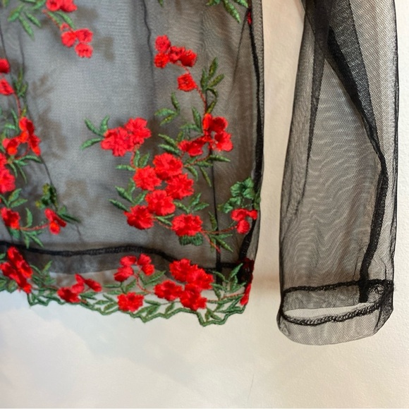 Twinkle Women's Black Sheer Red Green Floral Embordered Long Sleeve Shirt medium - Picture 5 of 5